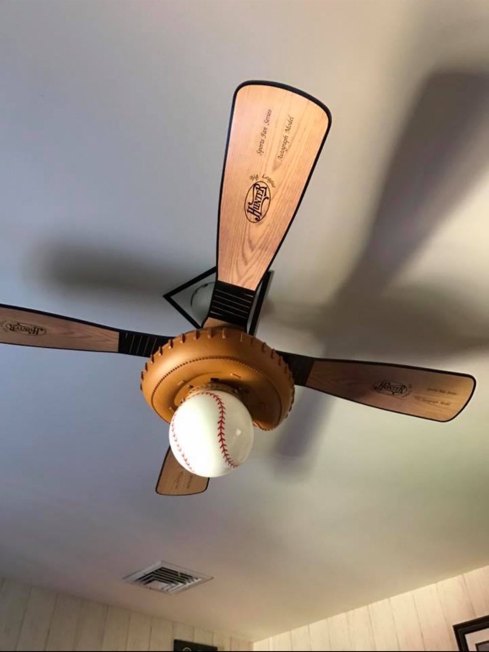 Hunter Baseball-Themed Ceiling Fan in Wood Tone and White